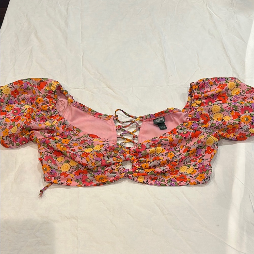 S Pink floral off (or on) the shoulder crop top/bralette